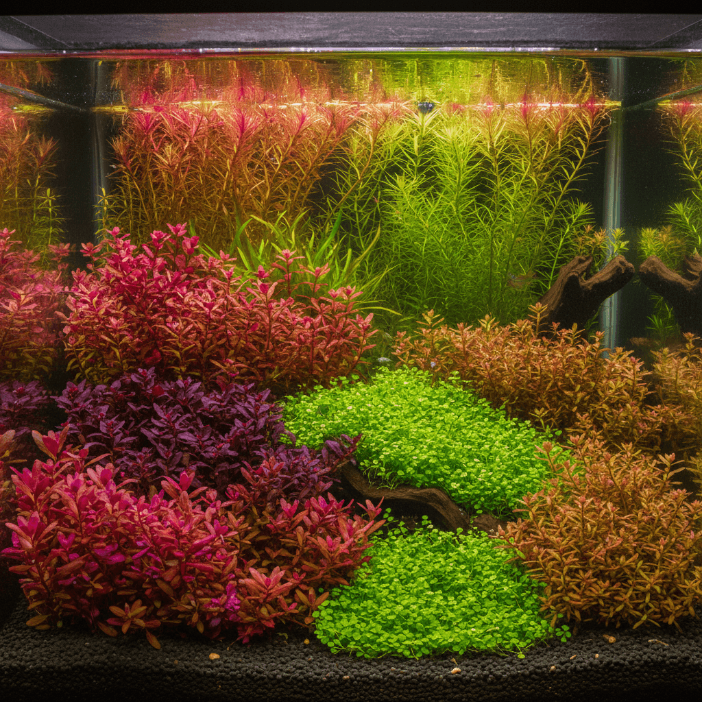 Close-up of vibrant aquatic plants like Alternanthera and Hemianthus, showcasing meticulous grouping and lush textures in a t