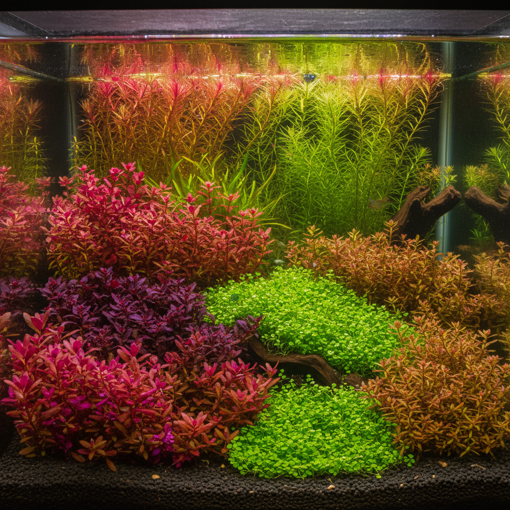 Close-up of vibrant aquatic plants like Alternanthera and Hemianthus, showcasing meticulous grouping and lush textures in a t