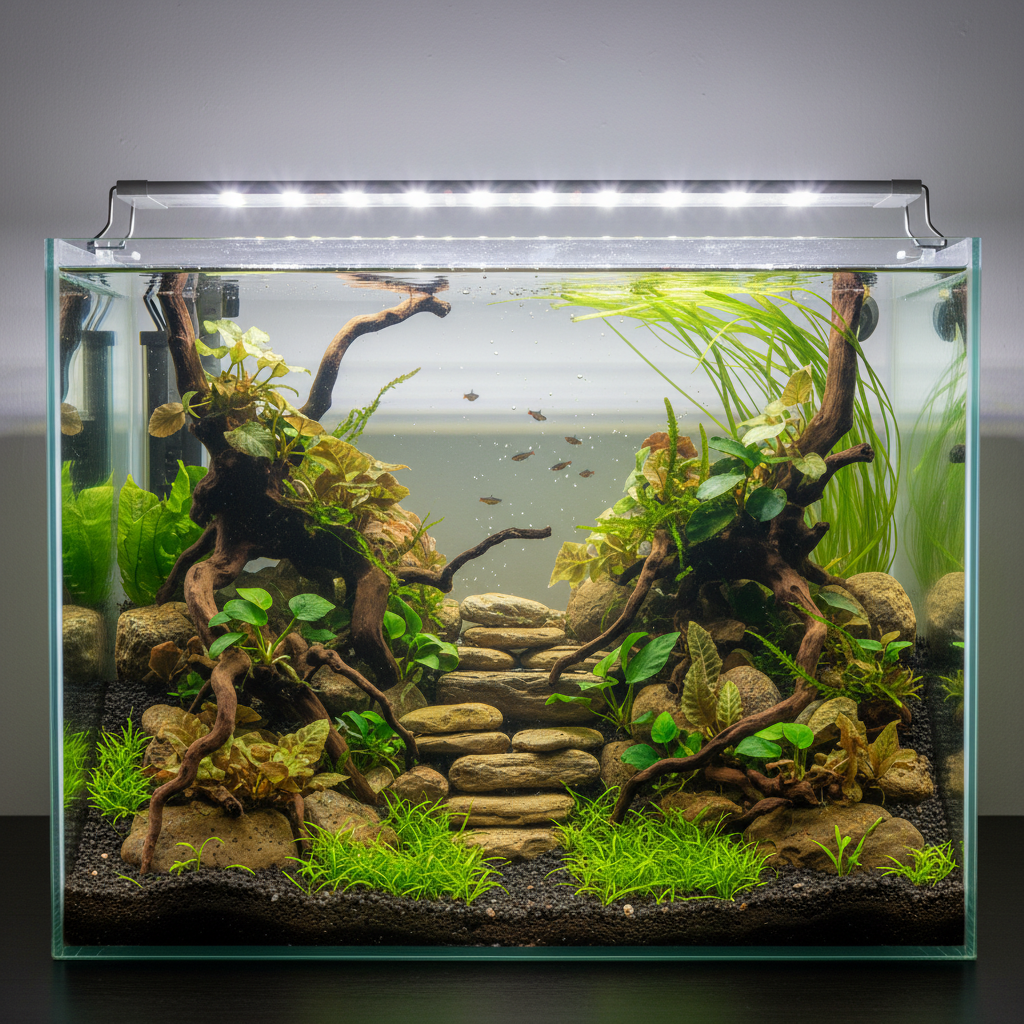 A vibrant aquarium with colorful fish swimming amid green easy aquarium plants and smooth stones on a sandy bottom.