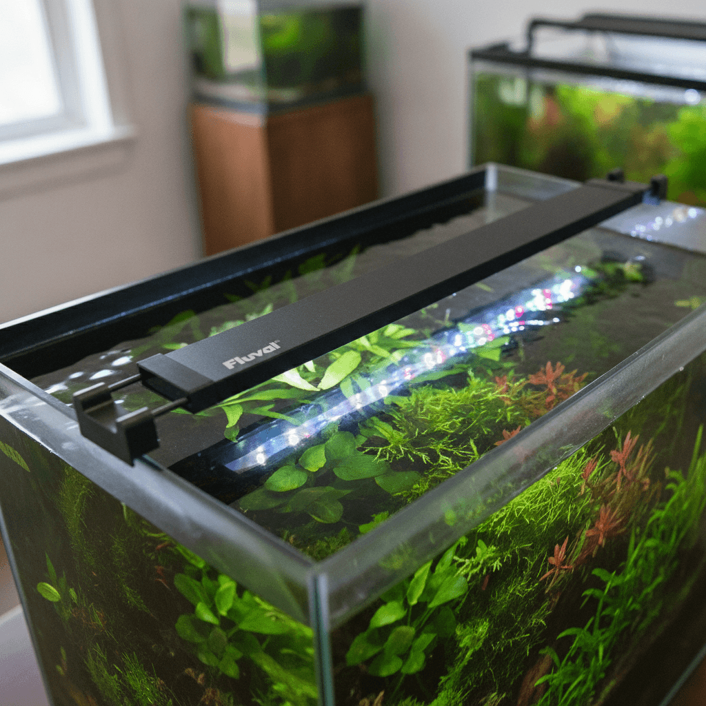 Fluval Plant 3.0 LED light bar showcased at an angle, enhancing lush aquatic plants in a softly blurred aquarium background.