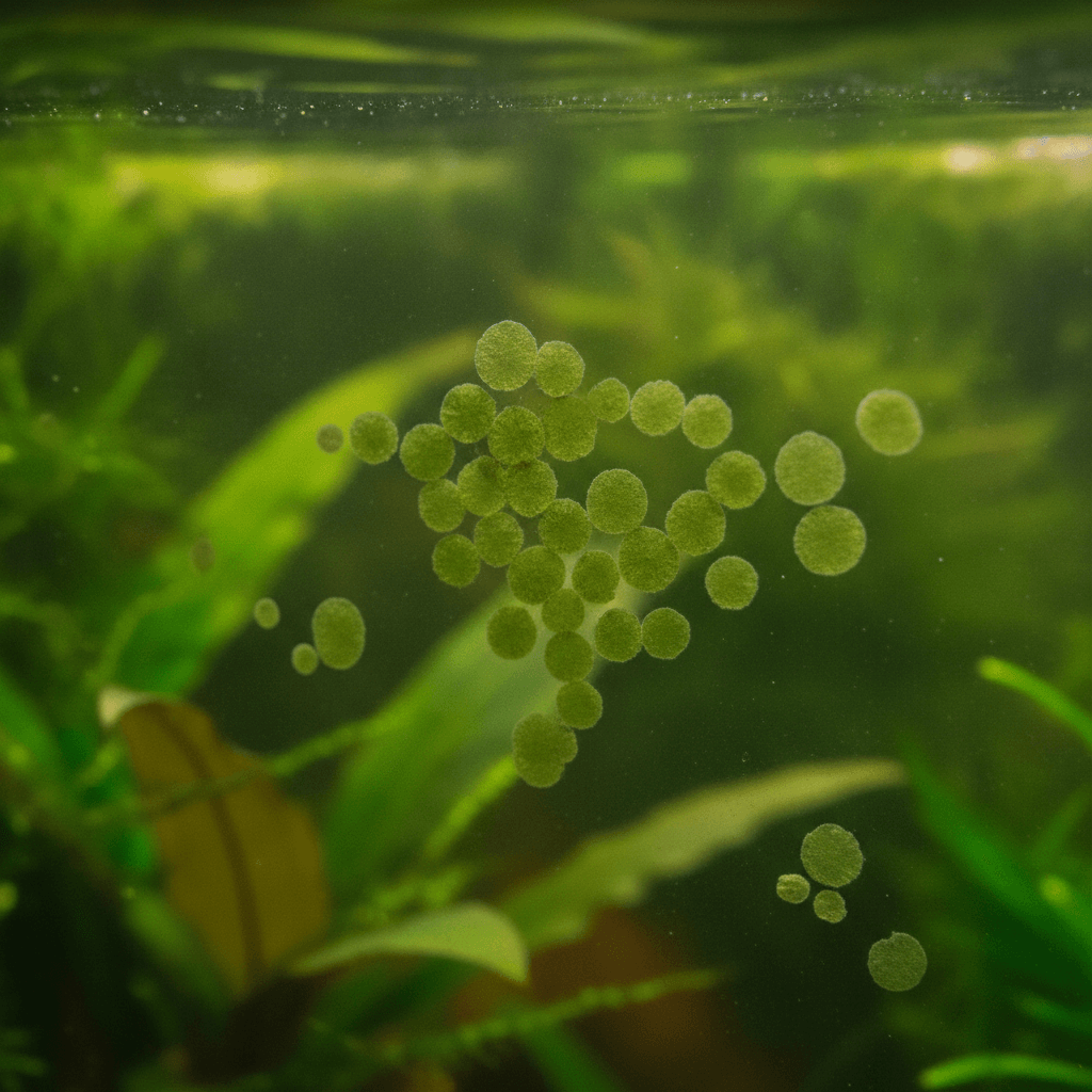 Close-up of green spot algae on aquarium glass, showcasing texture and color against clear glass and blurred healthy plants.