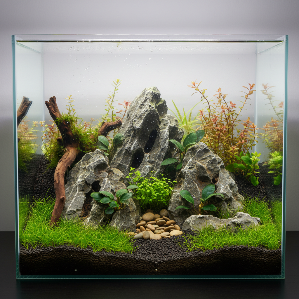 An iwagumi aquascape with colorful fish swimming around rocks and green plants in a clear aquarium tank.