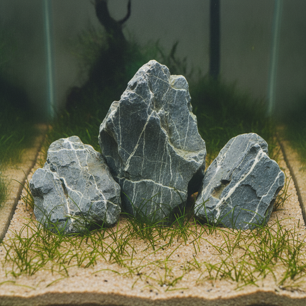 Close-up of angular Seiryu stones atop a sparse Eleocharis carpet, highlighting the minimalist design of Iwagumi aquariums.