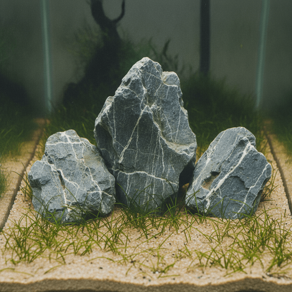 Close-up of angular Seiryu stones atop a sparse Eleocharis carpet, highlighting the minimalist design of Iwagumi aquariums.