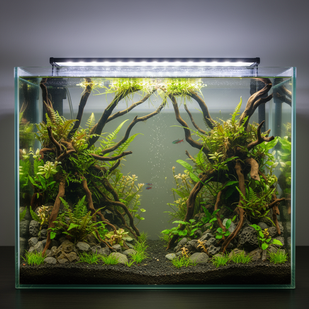 Aquarium with colorful fish swimming among rocks and lush java fern; highlights java fern care in vibrant tank setup.