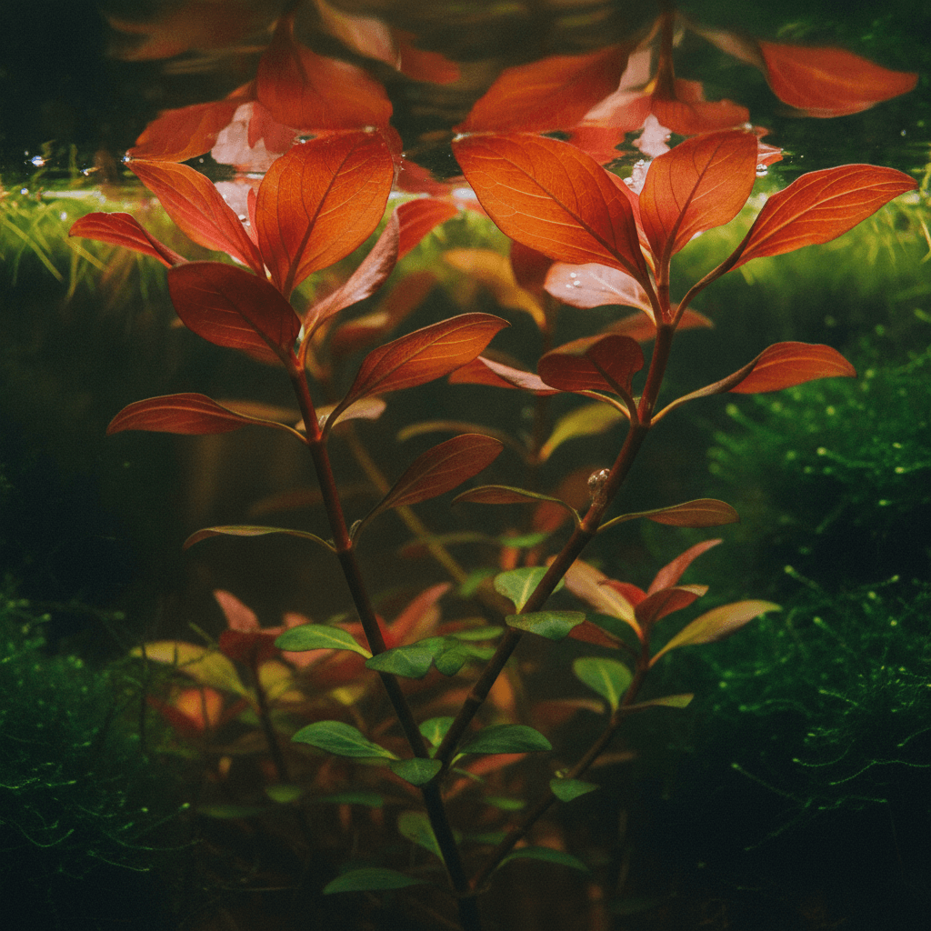 Close-up of vibrant Ludwigia repens leaves in rich red hues, highlighting intricate textures and stem structure against soft