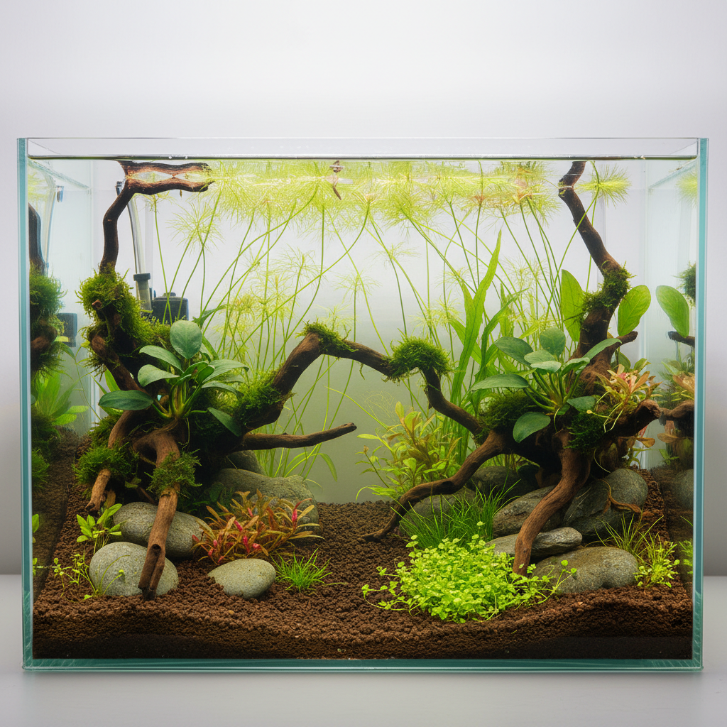 A vibrant aquarium with green plants and colorful fish. Aquasoil ammonia supports plant growth in the lush aquatic environmen
