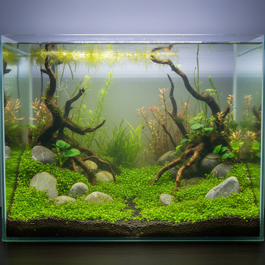 A vibrant aquarium showcases fish swimming above a lush monte carlo carpet, with rocks and plants creating a serene underwate