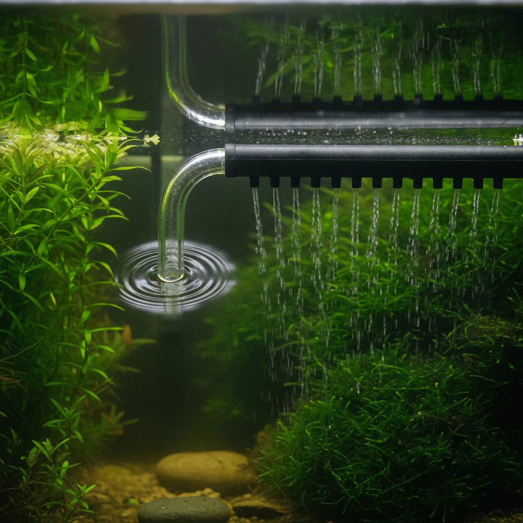 Close-up of a lily pipe and spray bar in a planted tank, illustrating unique water flow patterns and effects on plants.