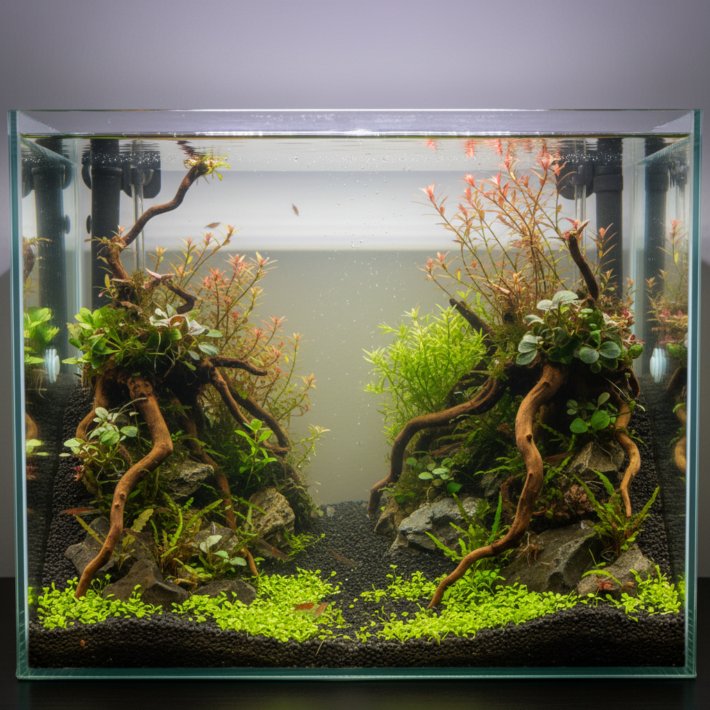 A vibrant aquarium with lush green plants is illuminated by planted tank lighting, showcasing colorful fish swimming among th