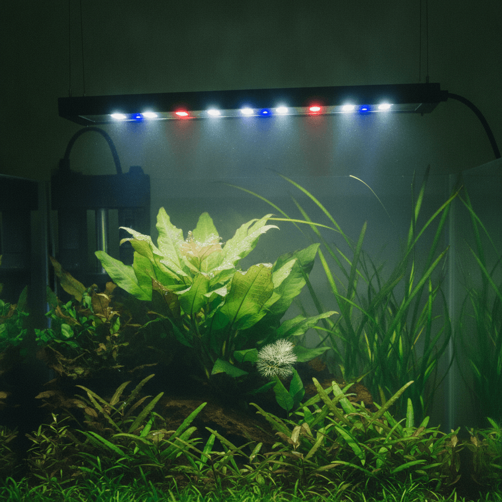 Close-up of a bright LED light fixture above a lush planted tank, showcasing light beams illuminating vibrant green plants be