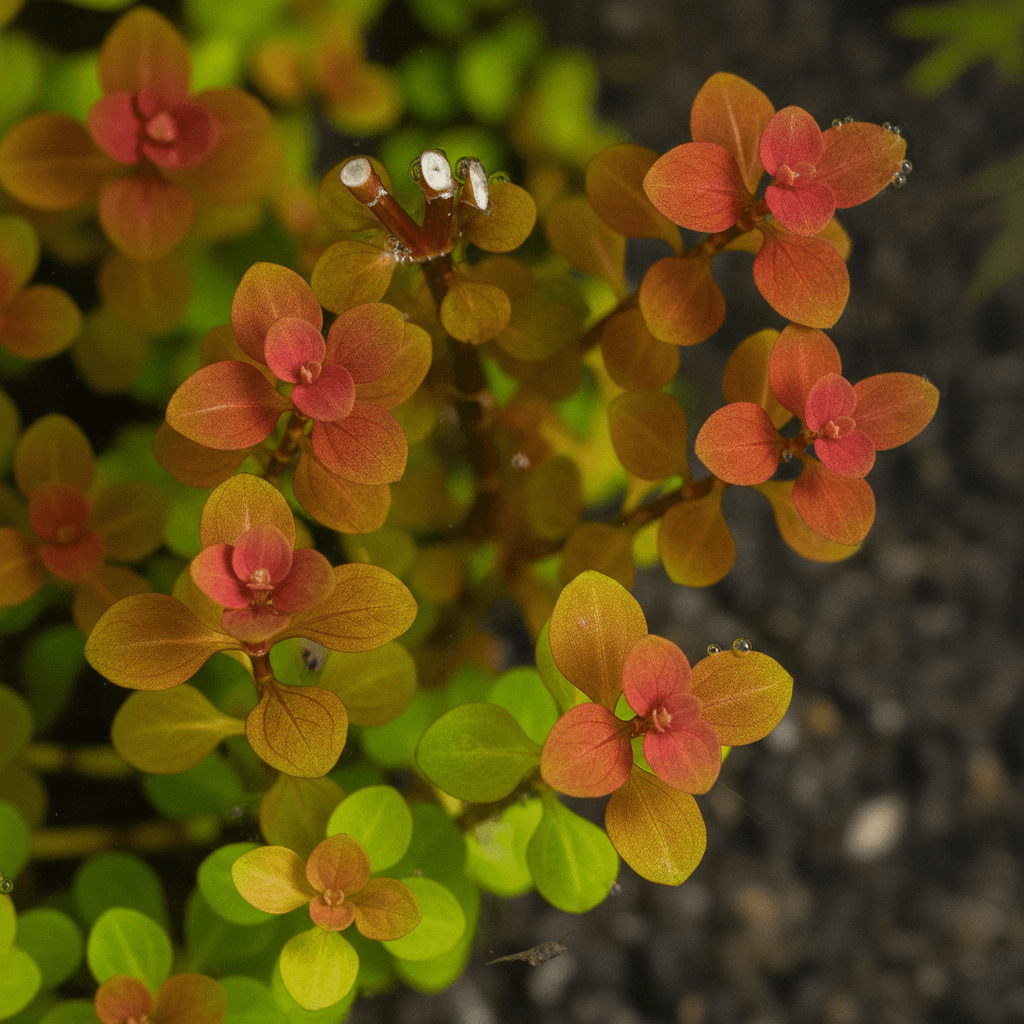 Close-up of vibrant Rotala Rotundifolia with rich red and green hues, highlighting delicate leaves and freshly trimmed tips.
