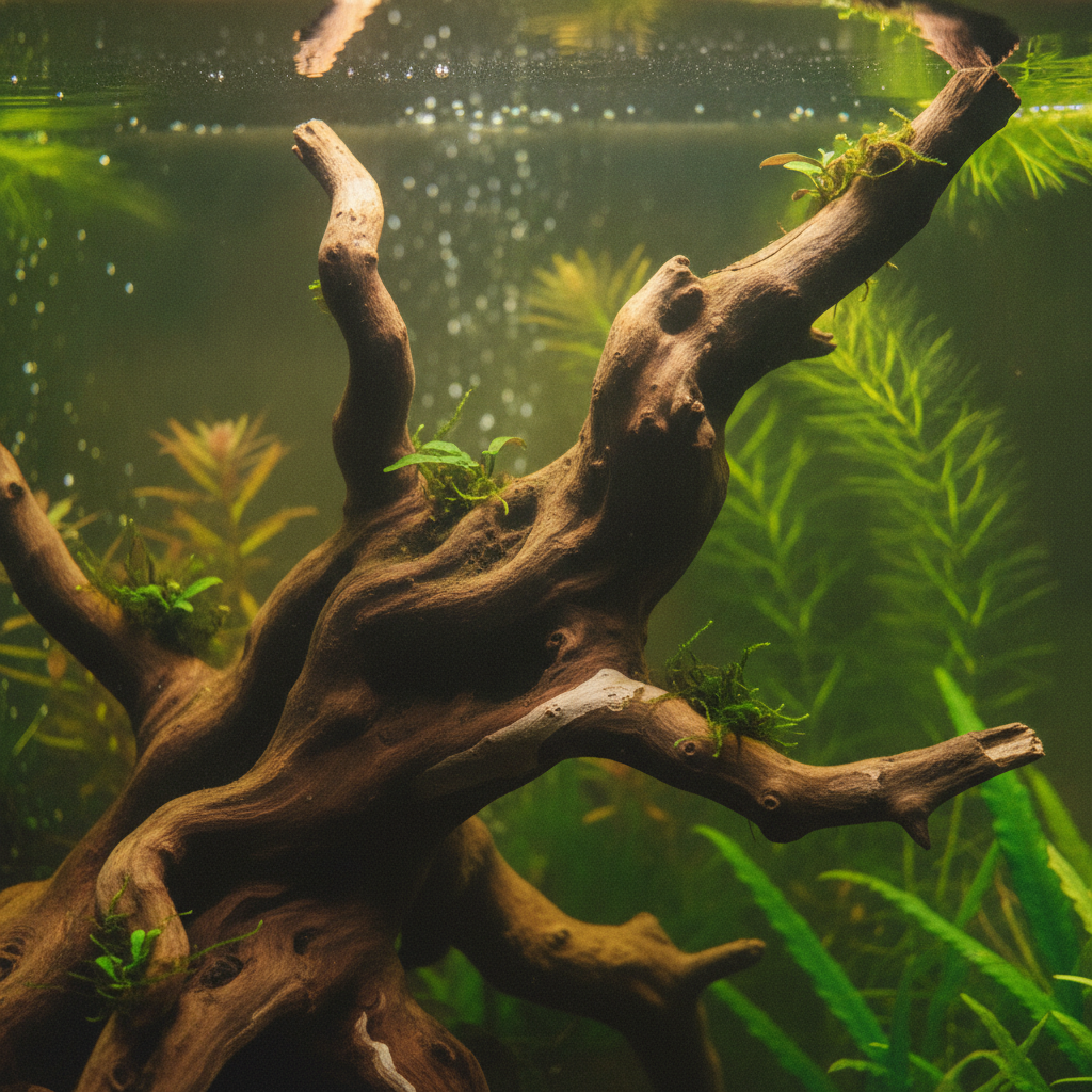 Close-up of intricately shaped driftwood with rich textures, framed by soft-focus aquatic plants and gentle water movement.