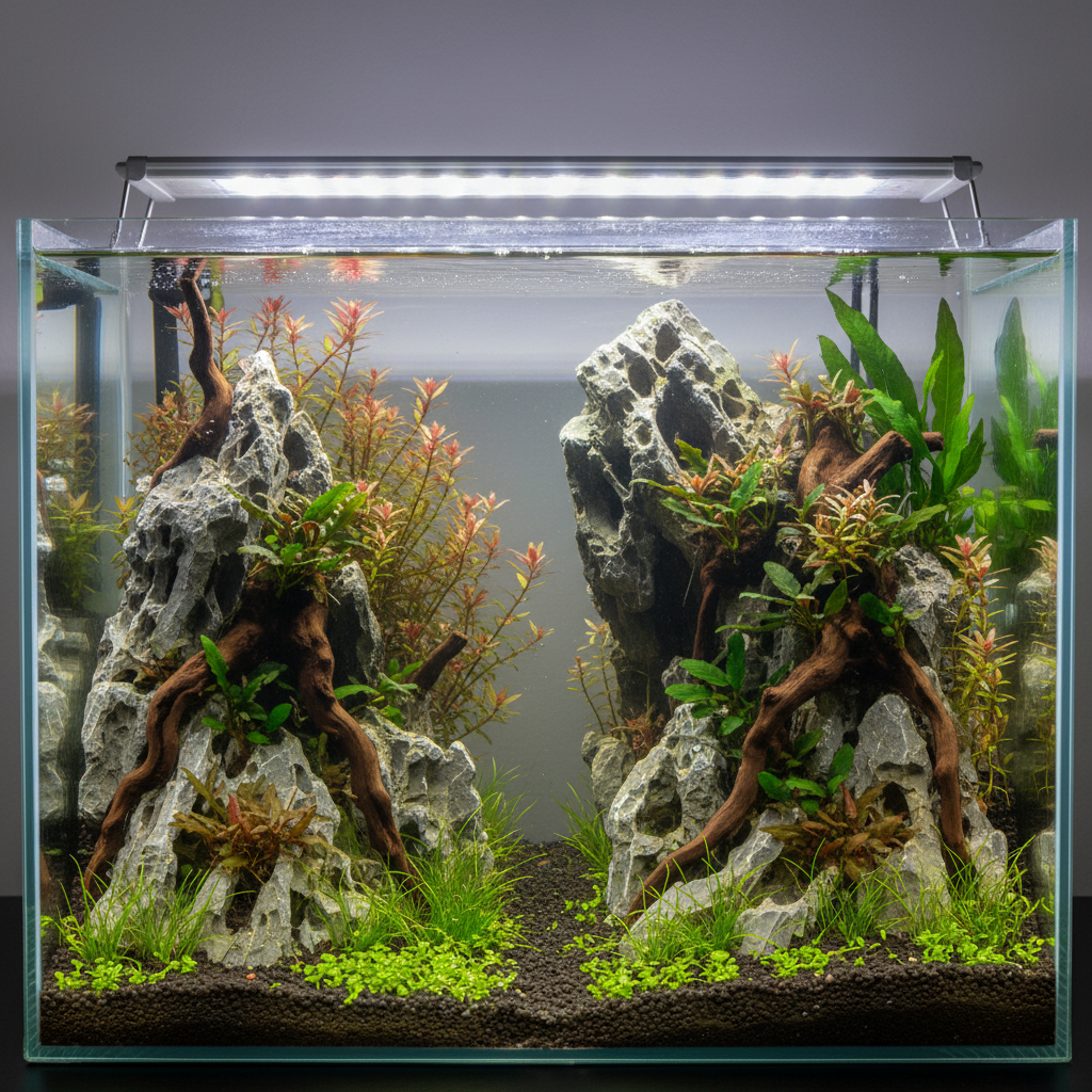 Aquarium with lush green plants and seiryu stone, which raises KH, creating a textured focal point amid colorful fish.