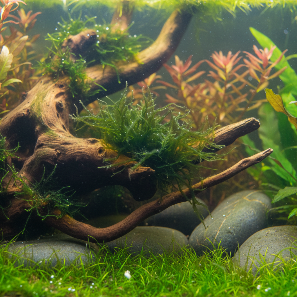 A vibrant staghorn algae aquarium with colorful fish swimming amid lush green plants and rocks.