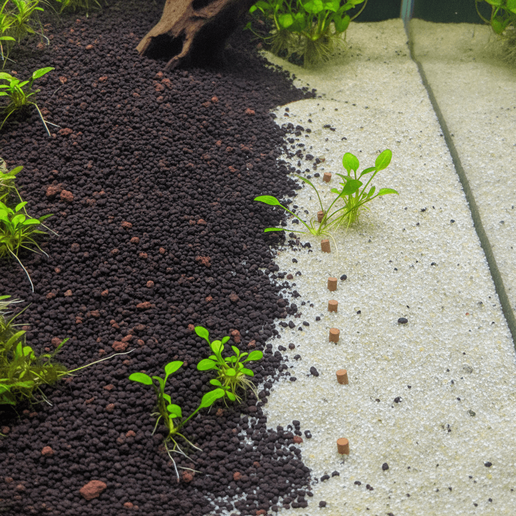 Close-up of nutrient-rich aquasoil beside sand with root tabs, highlighting texture and color differences in aquarium substra