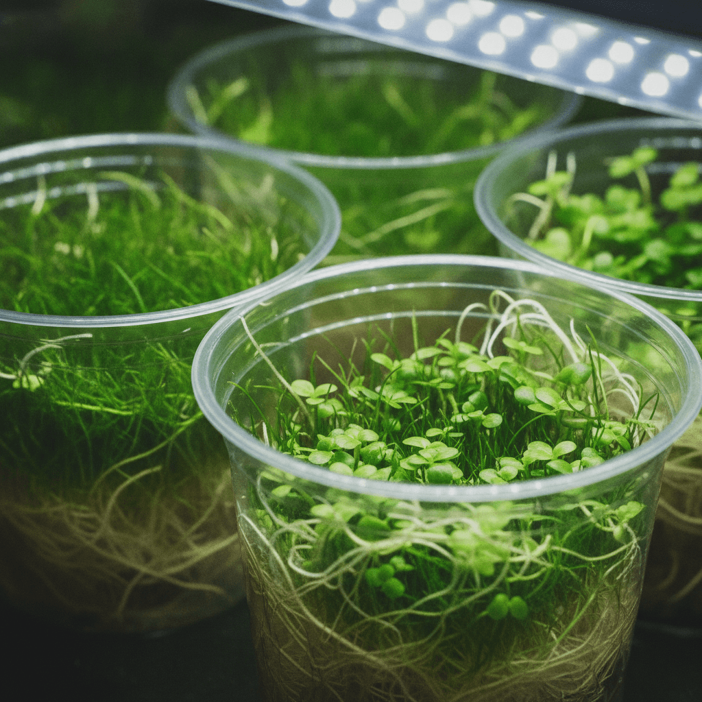 Close-up of vibrant tissue culture aquarium plants in clear containers, highlighting lush green leaves and intricate root sys
