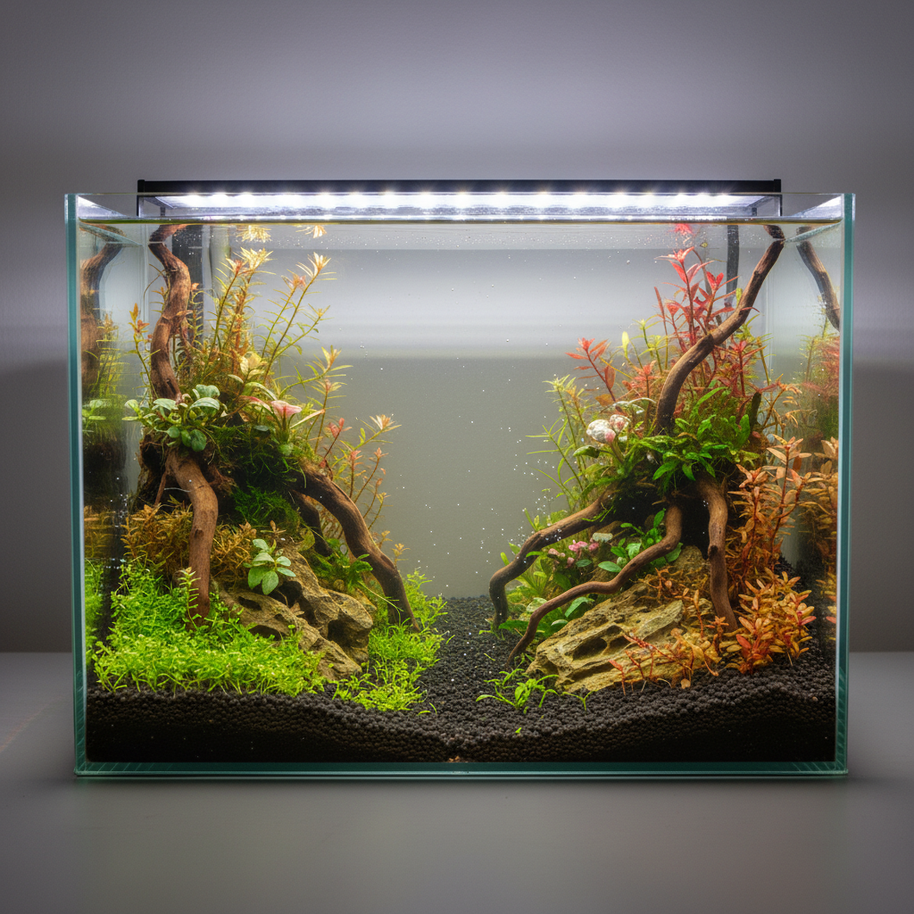A lush aquarium with vibrant green plants showcases a comparison of Tropica Specialized vs Premium fertilization results.