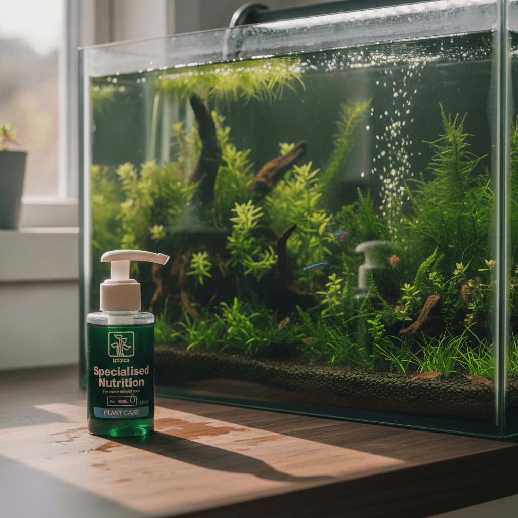 Close-up of a vibrant planted freshwater tank with Tropica Specialized Nutrition beside it, showcasing lush greenery and natu
