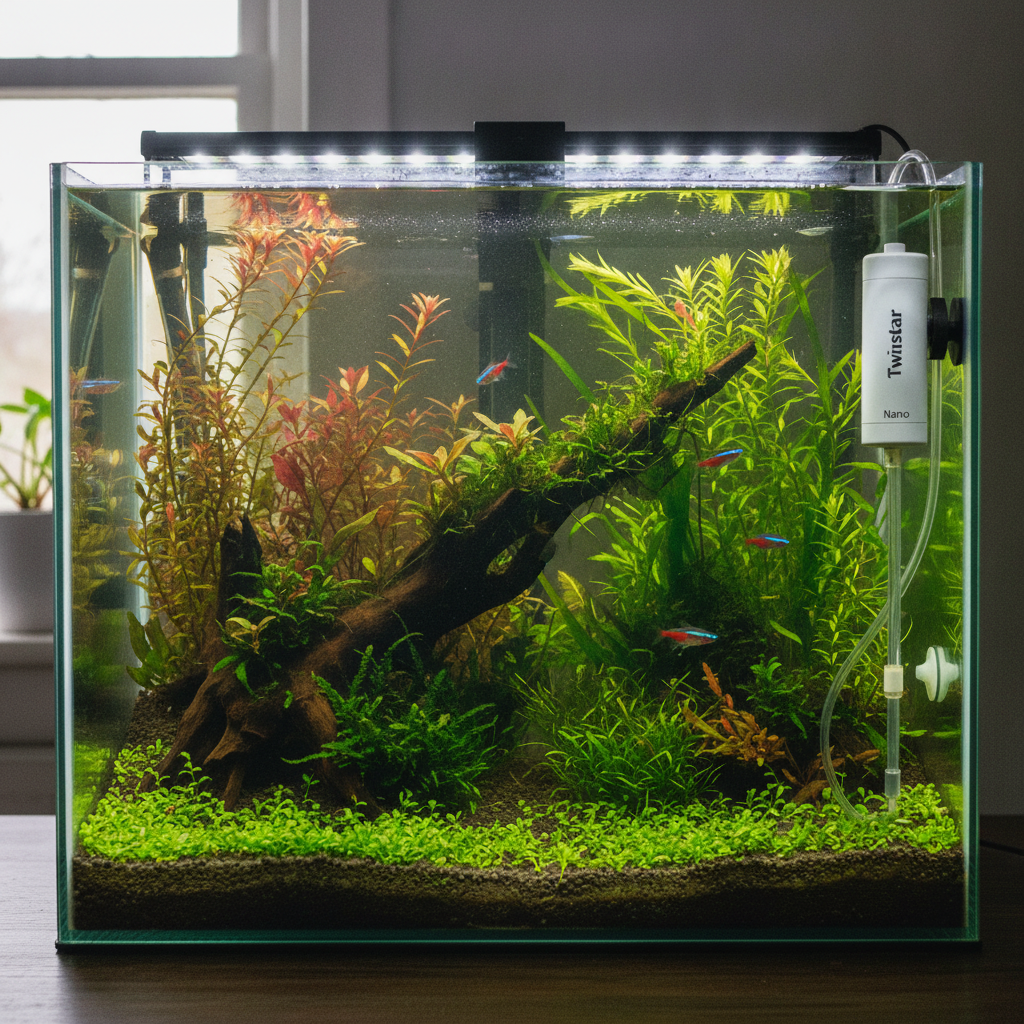 Aquarium mit bunten Fischen zwischen üppigen Pflanzen, ein Twinstar Sterilisator erzeugt sanfte Bläschen im Wasser.