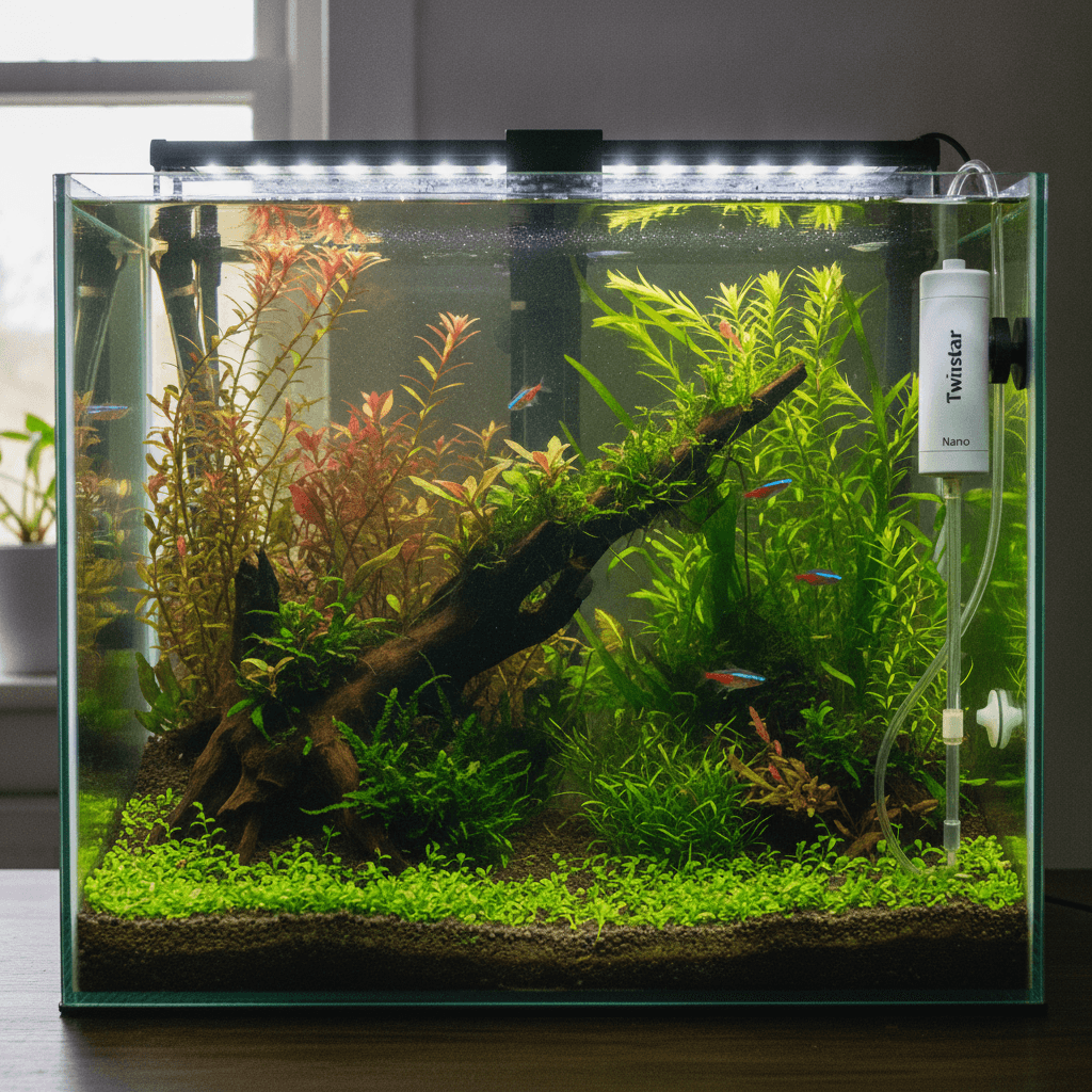 A vibrant planted tank with colorful fish and greenery, featuring the sleek Twinstar Nano Sterilizer mounted discreetly on th